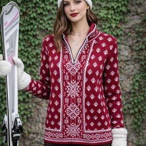 ORVIS Classic Nordic Red and Gray Wool Blend Snowflake Quarter Zip Sweater, L